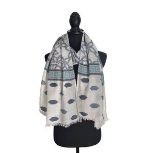Chico's Bohemian Blue & White Woven Geometric Pattern Scarf Shawl Wrap